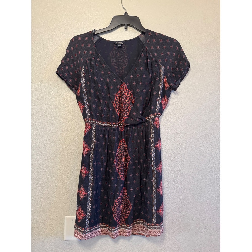 Lucky Brand Navy Blue Red Medallion Boho Surplice Mini Dress Small